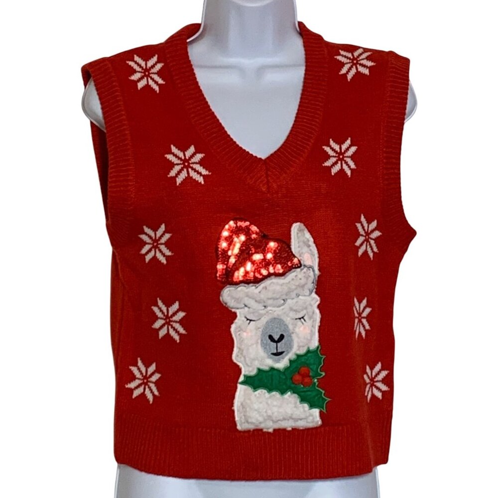 POOF Red Christmas Sweater Vest Llama Santa Hat Sequins Snowflakes Womens M